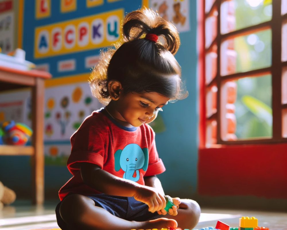 DALL·E 2023-11-05 00.50.27 - A preschool-aged child from Sri Lanka is sitting on the floor playing with colorful blocks. The child has medium-brown skin and dark brown hair tied u