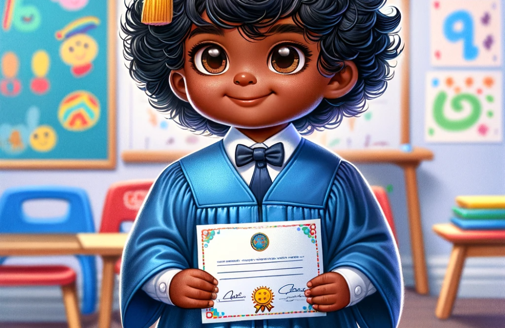 DALL·E 2023-11-05 00.56.18 - Create an image of a Sri Lankan preschool graduate student. The child has deep brown skin and thick, curly black hair, wearing a small graduation cap